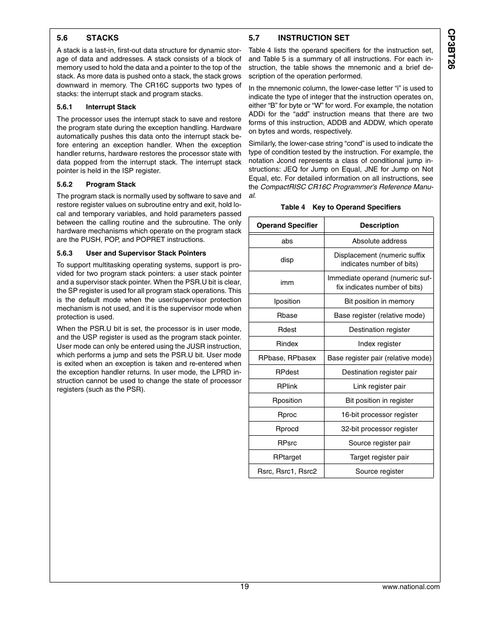 6 stacks, 7 instruction set, Stacks | Instruction set, Cp3 bt26 | National CP3BT26 User Manual | Page 19 / 278