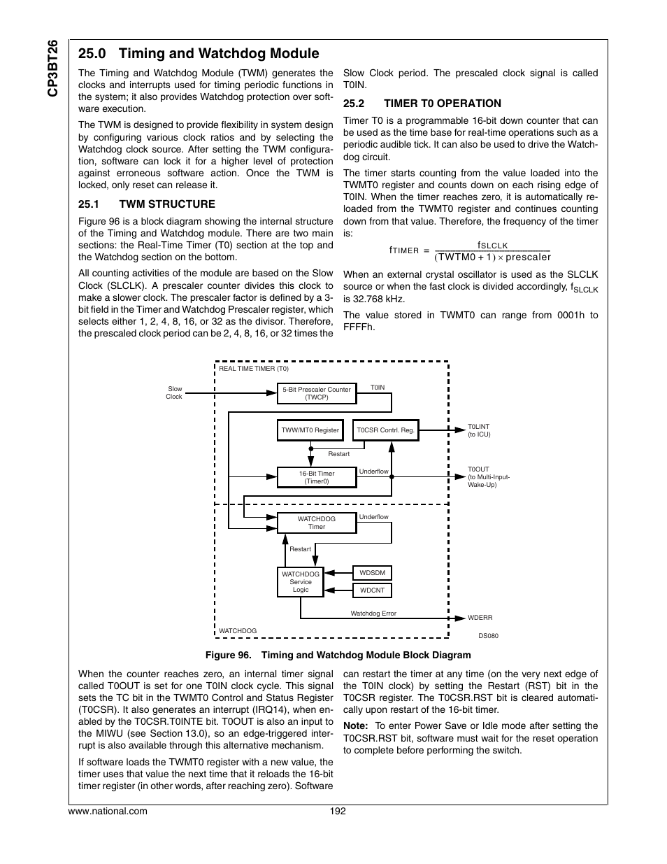 0 timing and watchdog module, 1 twm structure, 2 timer t0 operation | Timing and watchdog module, Twm structure, Timer t0 operation, Cp3bt26 | National CP3BT26 User Manual | Page 192 / 278