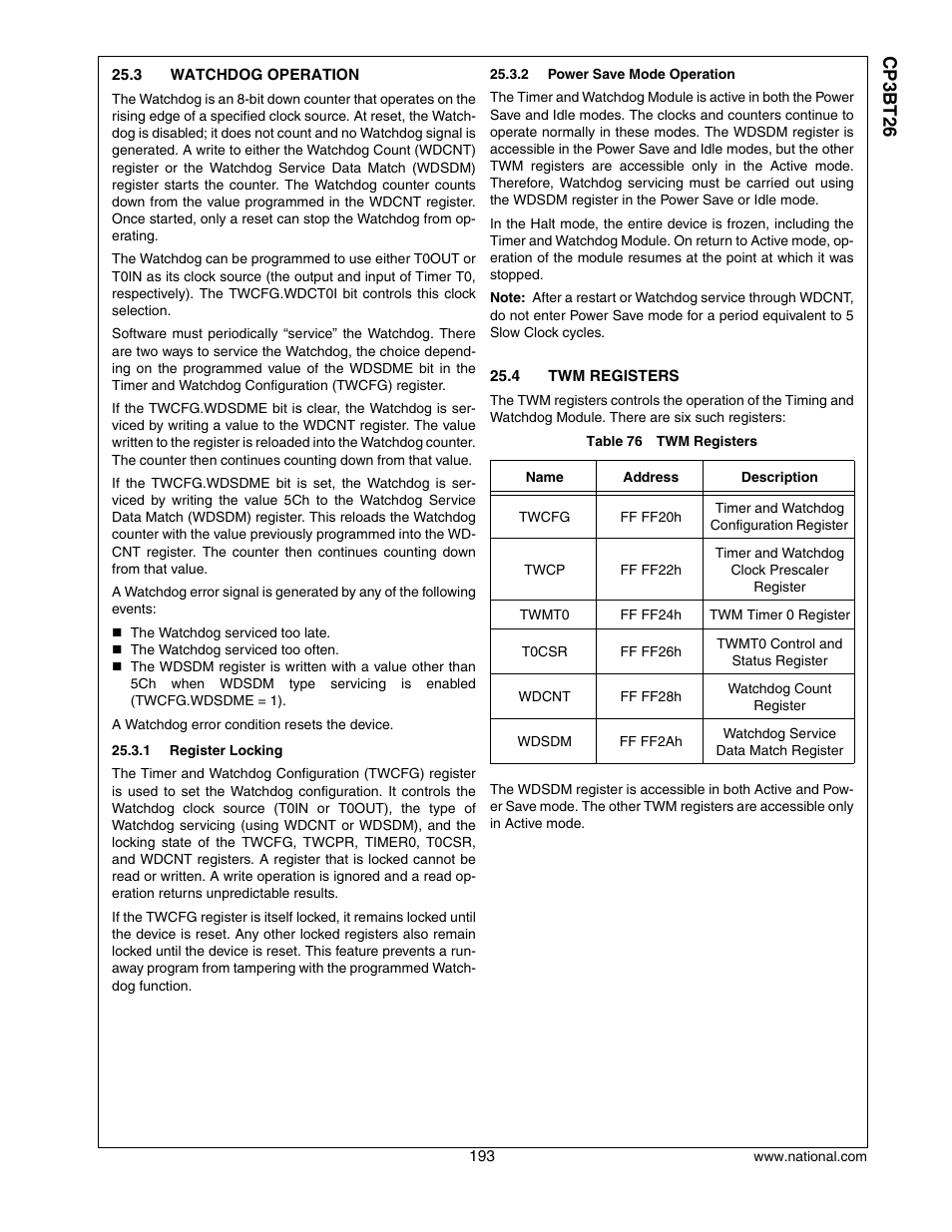 3 watchdog operation, 4 twm registers, Watchdog operation | Twm registers, Cp3 bt26 | National CP3BT26 User Manual | Page 193 / 278