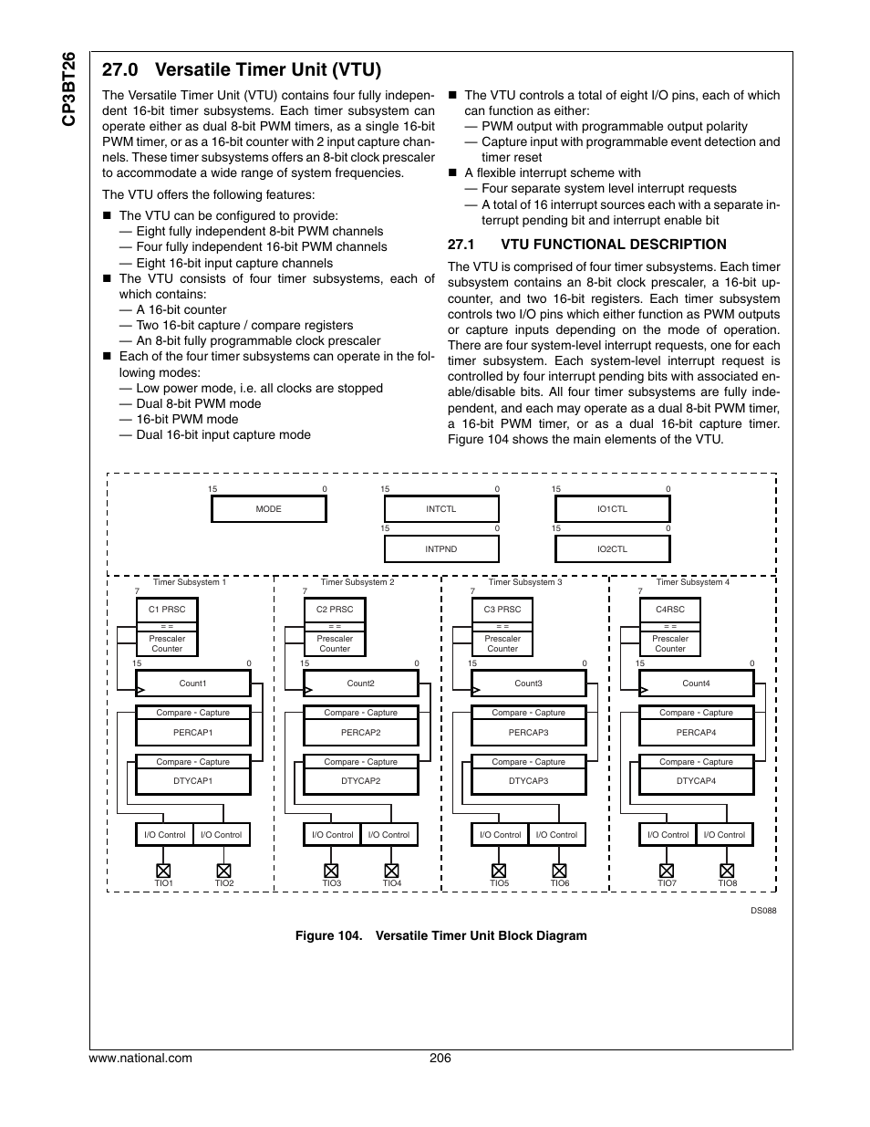 0 versatile timer unit (vtu), 1 vtu functional description, Versatile timer unit (vtu) | Vtu functional description, Cp3bt26 | National CP3BT26 User Manual | Page 206 / 278