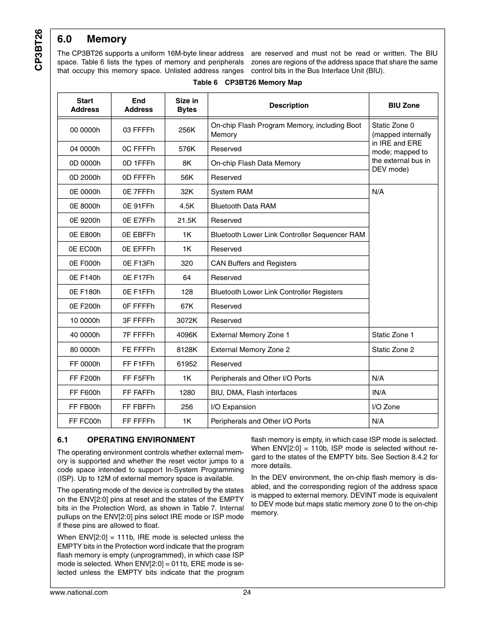 0 memory, 1 operating environment, Memory | Operating environment, Cp3bt26 | National CP3BT26 User Manual | Page 24 / 278