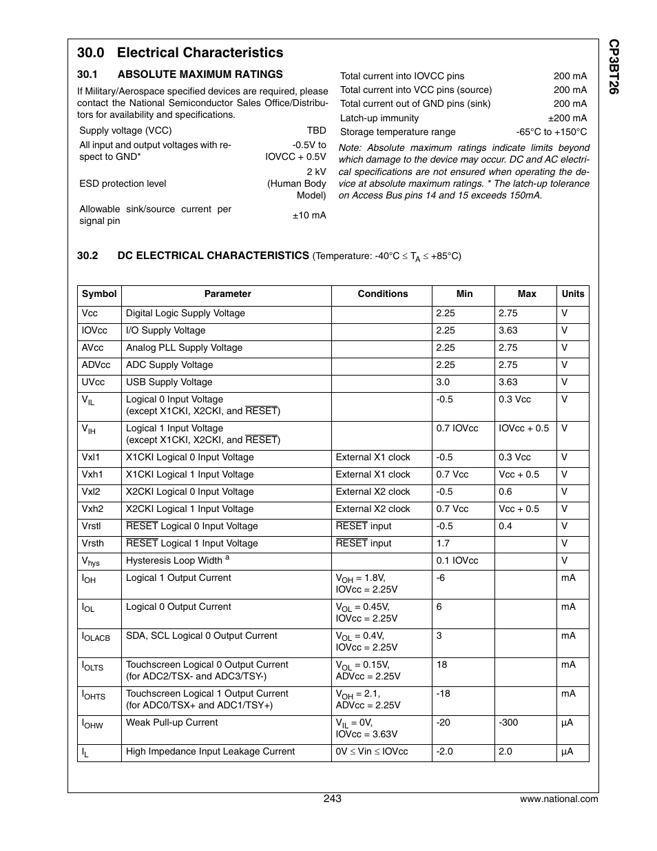 0 electrical characteristics, 1 absolute maximum ratings, Electrical characteristics | Absolute maximum ratings, Dc electrical characteristic, Cp3 bt26 | National CP3BT26 User Manual | Page 243 / 278