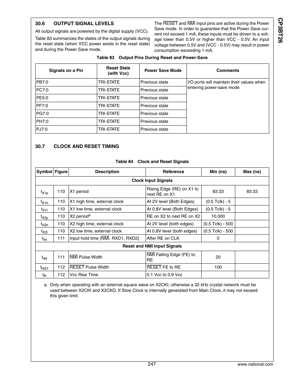 6 output signal levels, 7 clock and reset timing, Output signal levels | Clock and reset timing, Cp3 bt26 | National CP3BT26 User Manual | Page 247 / 278