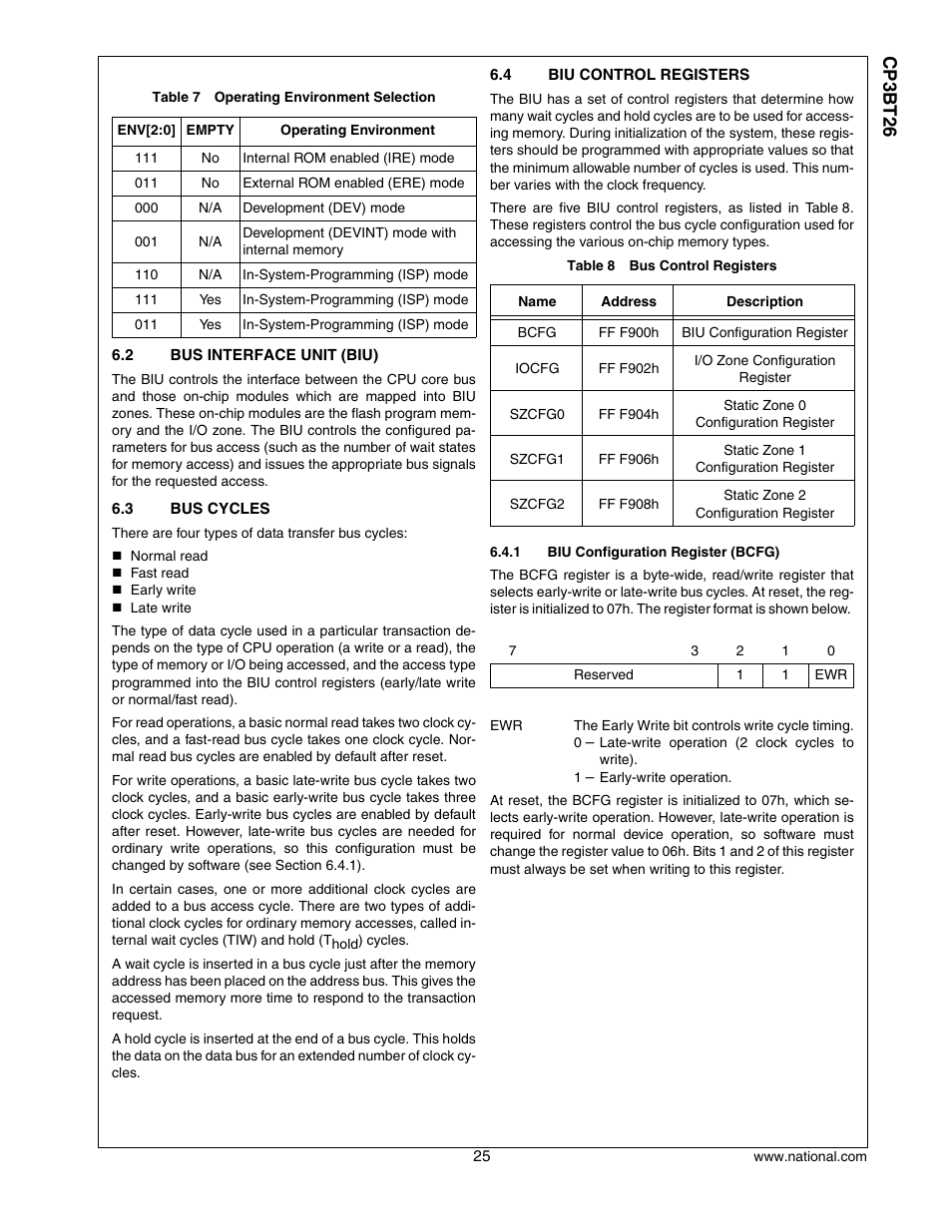 2 bus interface unit (biu), 3 bus cycles, 4 biu control registers | Bus interface unit (biu), Bus cycles, Biu control registers, Cp3 bt26 | National CP3BT26 User Manual | Page 25 / 278