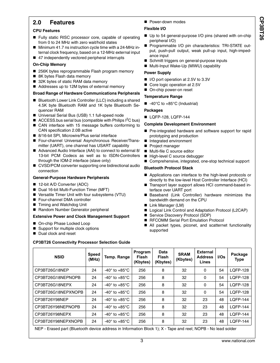 0 features, Features, Cp3 bt26 | National CP3BT26 User Manual | Page 3 / 278