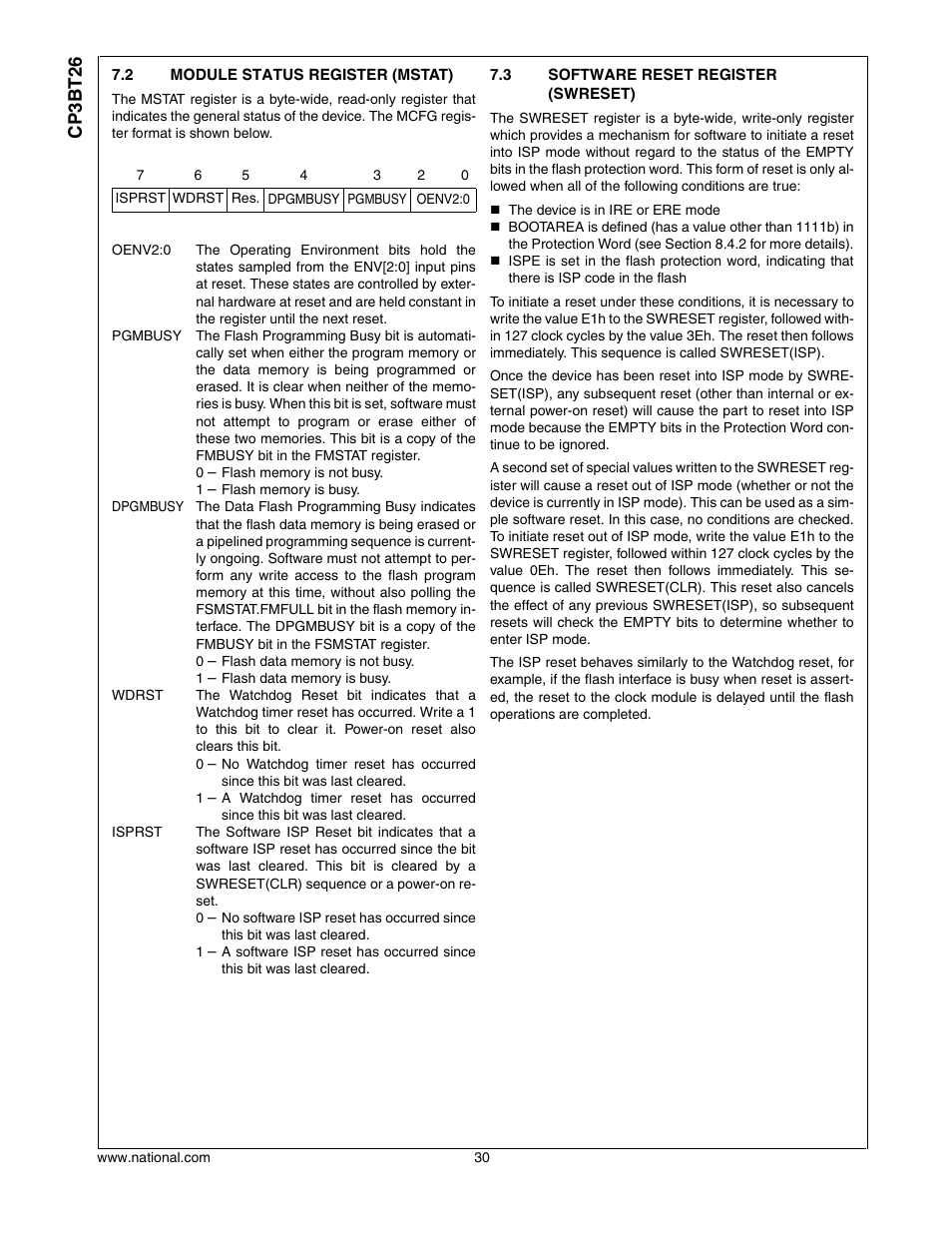 2 module status register (mstat), 3 software reset register (swreset), Module status register (mstat) | Software reset register (swreset), Cp3bt26 | National CP3BT26 User Manual | Page 30 / 278