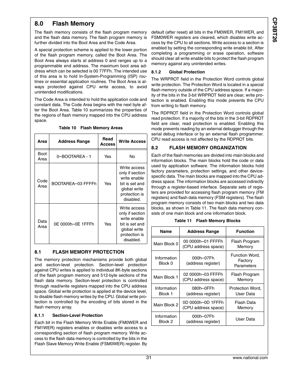 0 flash memory, 1 flash memory protection, 2 flash memory organization | Flash memory, Flash memory protection, Flash memory organization, Cp3 bt26 | National CP3BT26 User Manual | Page 31 / 278