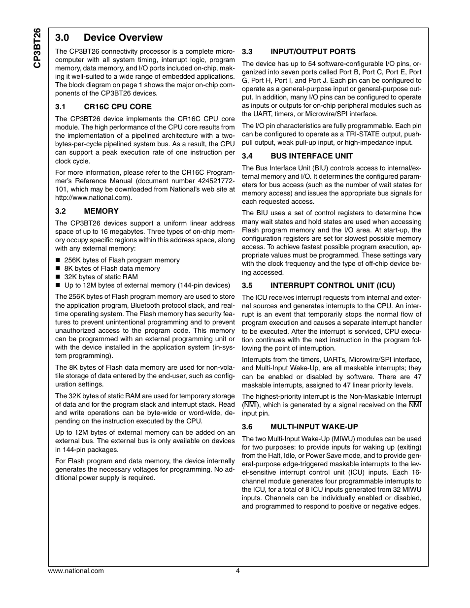 0 device overview, 1 cr16c cpu core, 2 memory | 3 input/output ports, 4 bus interface unit, 5 interrupt control unit (icu), 6 multi-input wake-up, Device overview, Cr16c cpu core, Memory | National CP3BT26 User Manual | Page 4 / 278