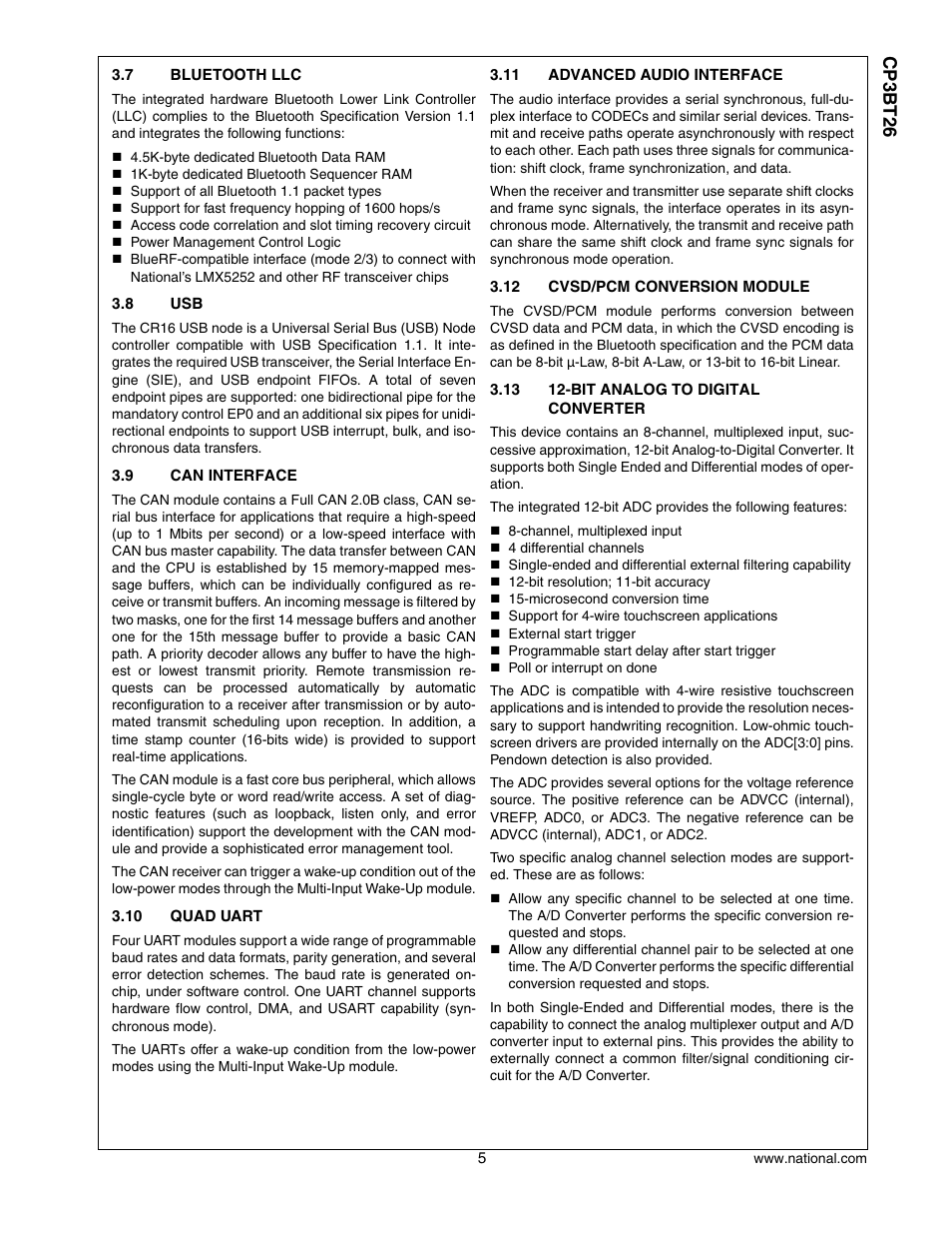 7 bluetooth llc, 8 usb, 9 can interface | 10 quad uart, 11 advanced audio interface, 12 cvsd/pcm conversion module, 13 12-bit analog to digital converter, Bluetooth llc, Can interface, Quad uart | National CP3BT26 User Manual | Page 5 / 278