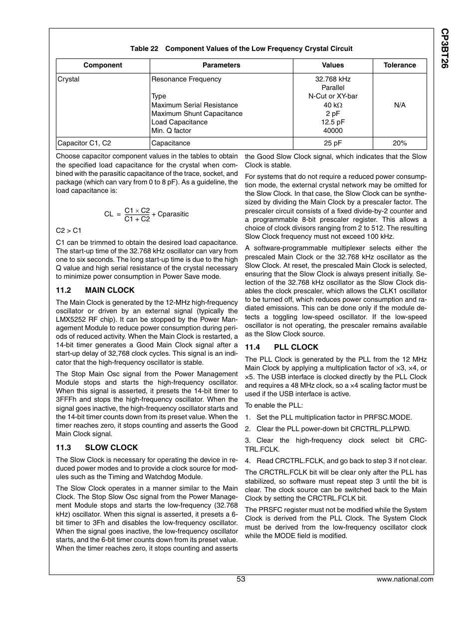 2 main clock, 3 slow clock, 4 pll clock | Main clock, Slow clock, Pll clock, Table 22 sho, Cp3 bt26 | National CP3BT26 User Manual | Page 53 / 278