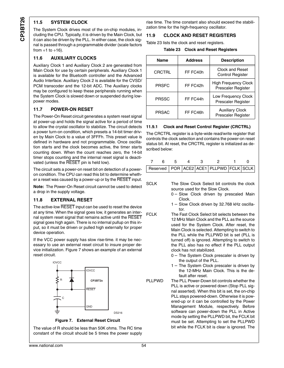 5 system clock, 6 auxiliary clocks, 7 power-on reset | 8 external reset, 9 clock and reset registers, System clock, Auxiliary clocks, Power-on reset, External reset, Clock and reset registers | National CP3BT26 User Manual | Page 54 / 278