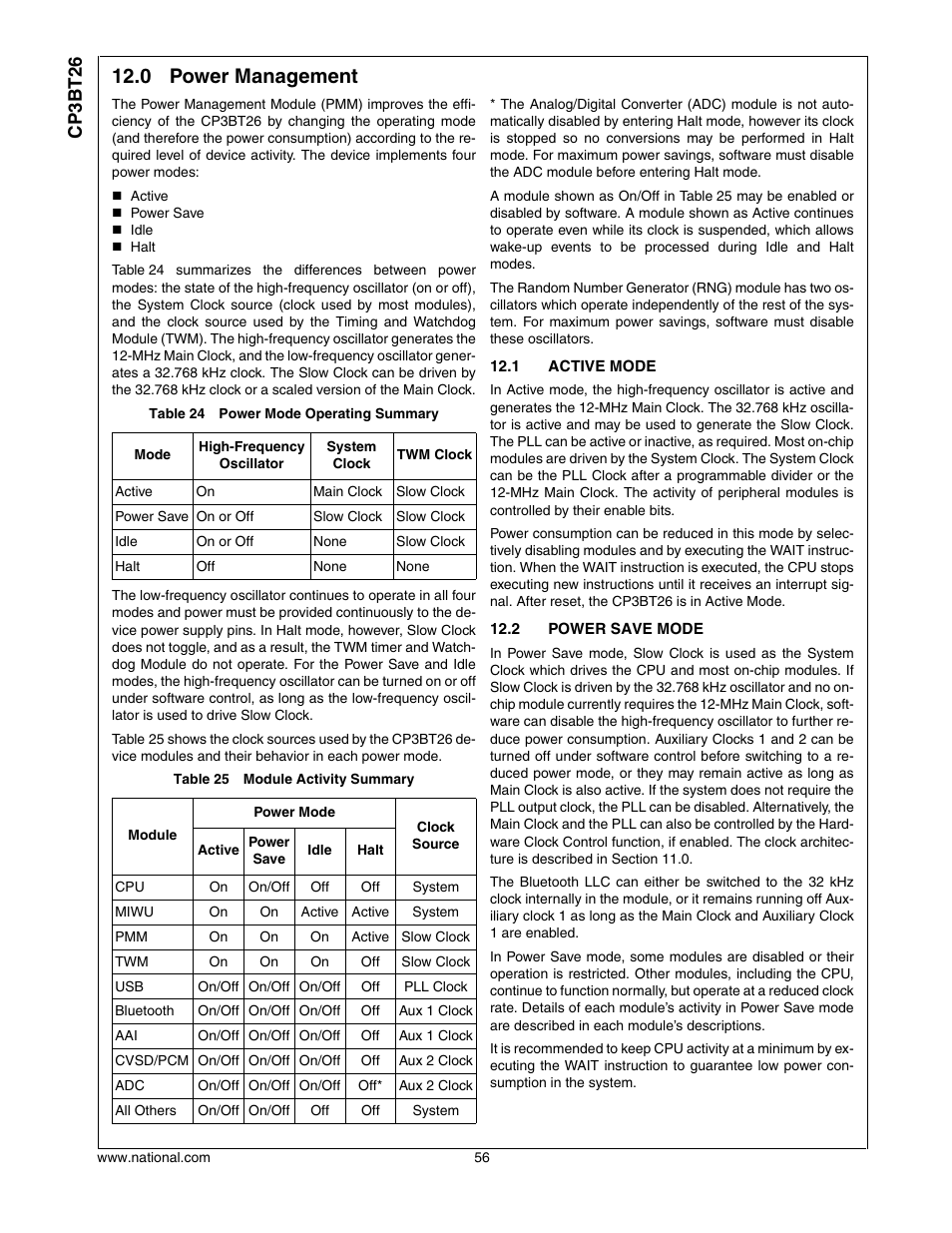 0 power management, 1 active mode, 2 power save mode | Power management, Active mode, Power save mode, Cp3bt26 | National CP3BT26 User Manual | Page 56 / 278