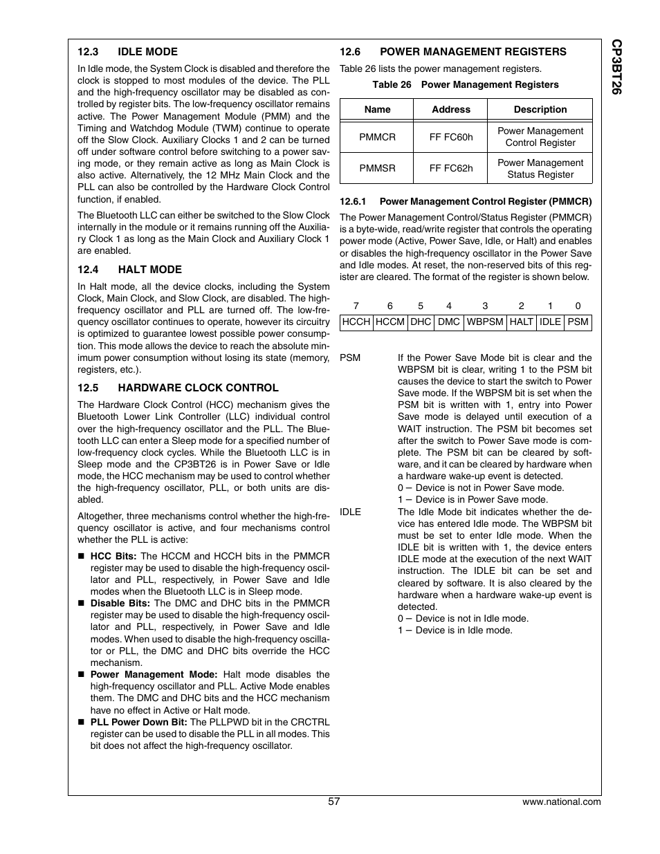 3 idle mode, 4 halt mode, 5 hardware clock control | 6 power management registers, Idle mode, Halt mode, Hardware clock control, Power management registers, Cp3 bt26 | National CP3BT26 User Manual | Page 57 / 278