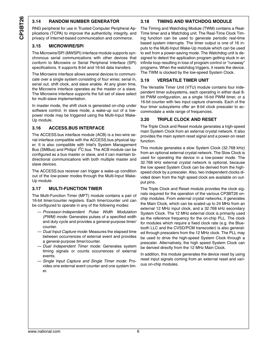 14 random number generator, 15 microwire/spi, 16 access.bus interface | 17 multi-function timer, 18 timing and watchdog module, 19 versatile timer unit, 20 triple clock and reset, Random number generator, Microwire/spi, Access.bus interface | National CP3BT26 User Manual | Page 6 / 278