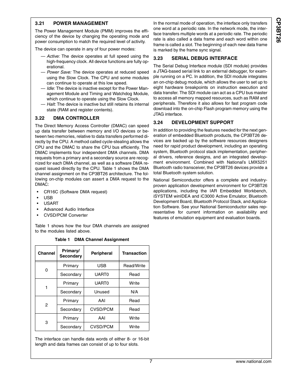 21 power management, 22 dma controller, 23 serial debug interface | 24 development support, Power management, Dma controller, Serial debug interface, Development support, Cp3 bt26 | National CP3BT26 User Manual | Page 7 / 278