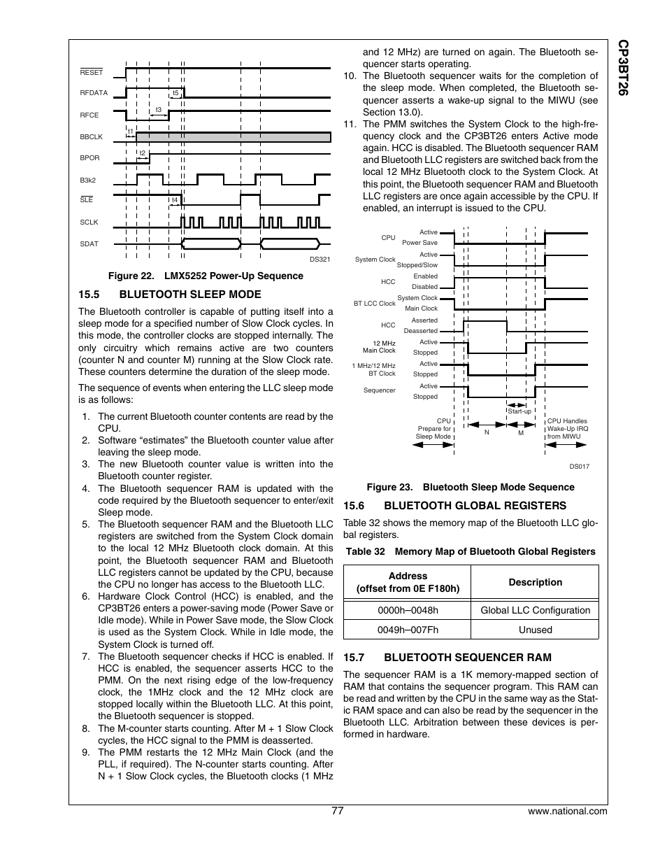 5 bluetooth sleep mode, 6 bluetooth global registers, 7 bluetooth sequencer ram | Bluetooth sleep mode, Bluetooth global registers, Bluetooth sequencer ram, Cp3 bt26 | National CP3BT26 User Manual | Page 77 / 278