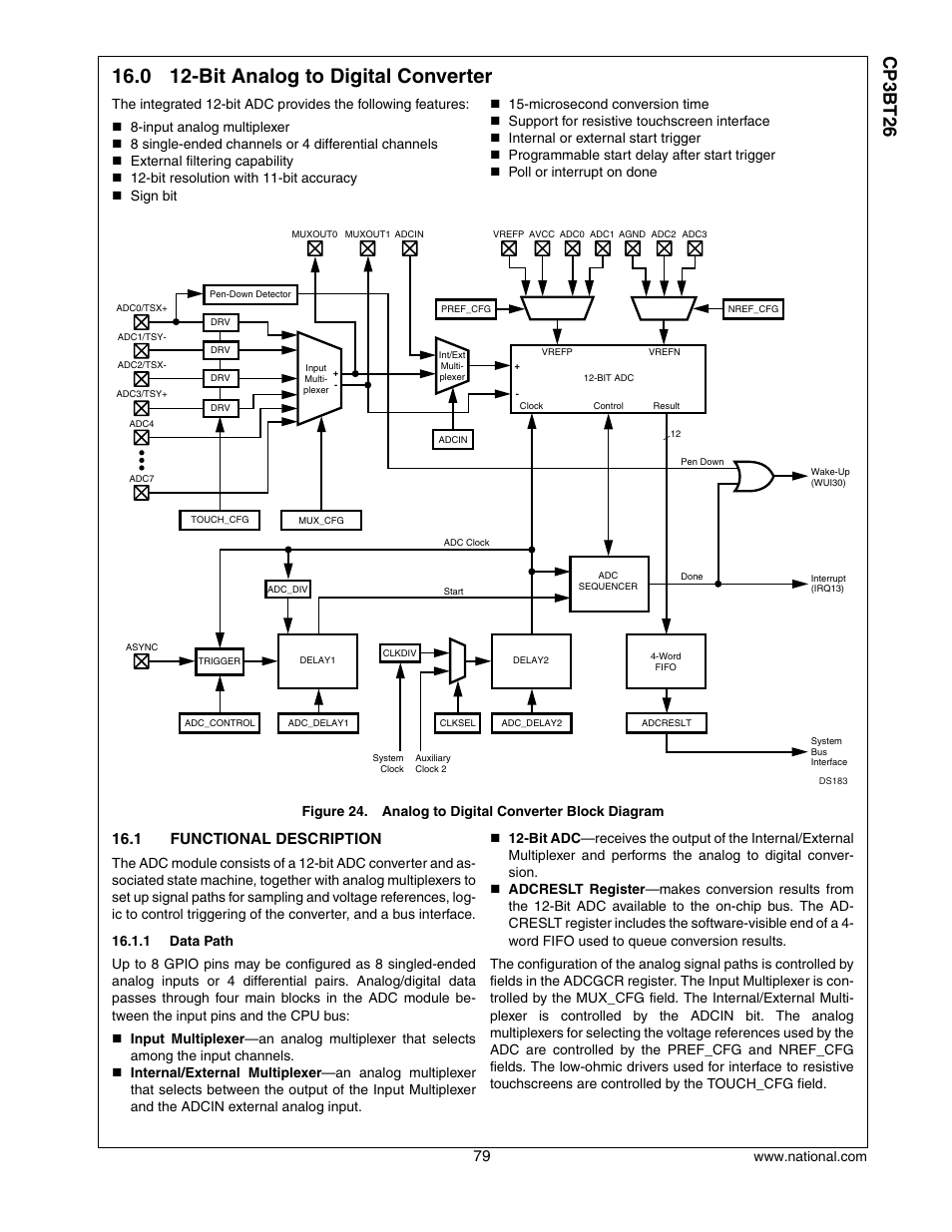 0 12-bit analog to digital converter, 1 functional description, Bit analog to digital converter | Functional description, Cp3 bt26 | National CP3BT26 User Manual | Page 79 / 278