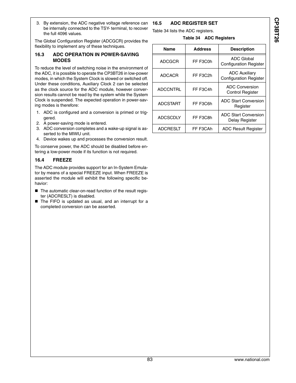 3 adc operation in power-saving modes, 4 freeze, 5 adc register set | Adc operation in power-saving modes, Freeze, Adc register set, Cp3 bt26 | National CP3BT26 User Manual | Page 83 / 278