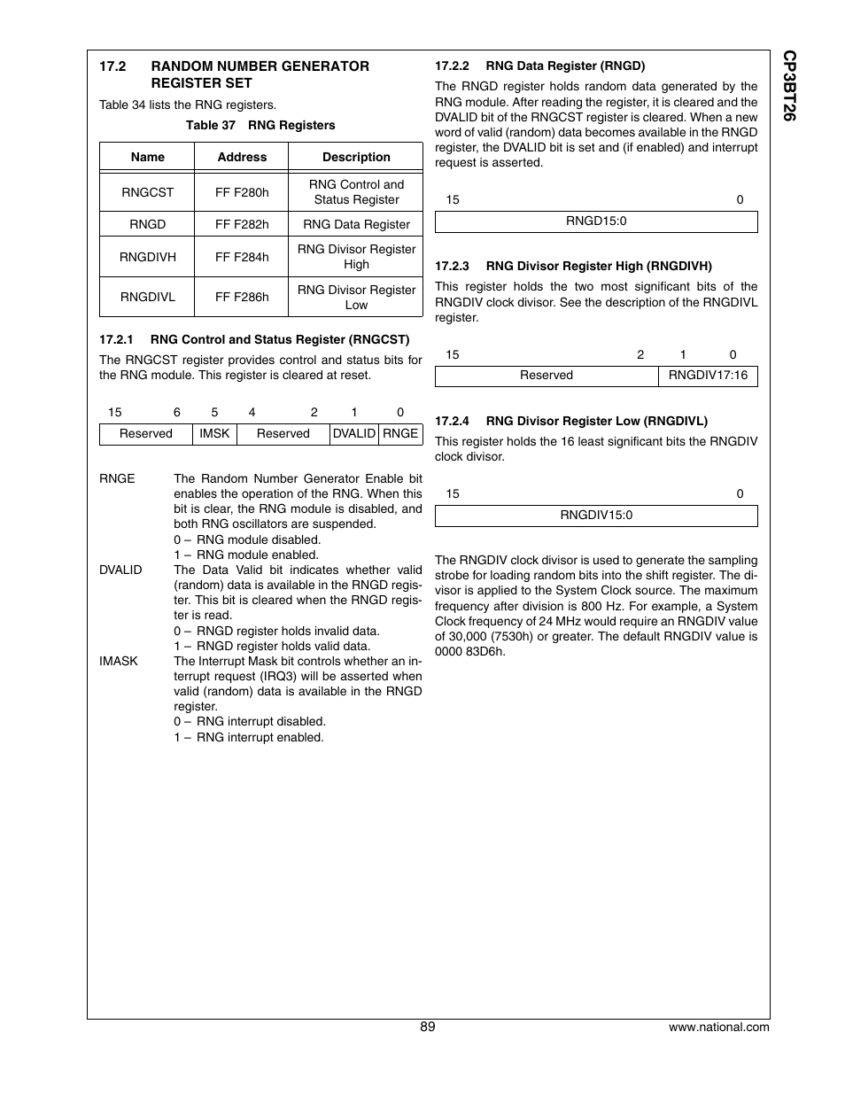 2 random number generator register set, Random number generator register set, Cp3 bt26 | National CP3BT26 User Manual | Page 89 / 278