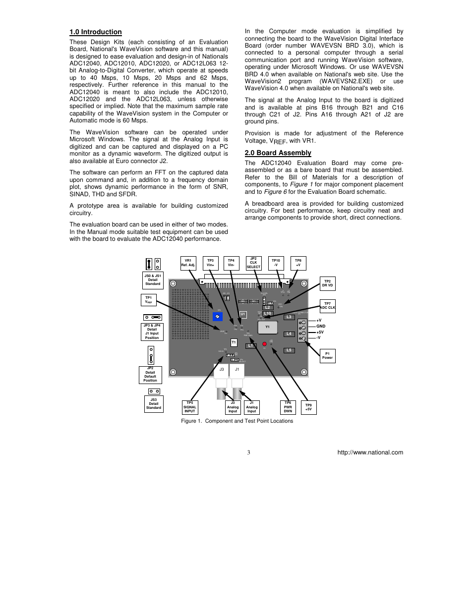 0 introduction, 0 board assembly | National ADC12040 User Manual | Page 3 / 12