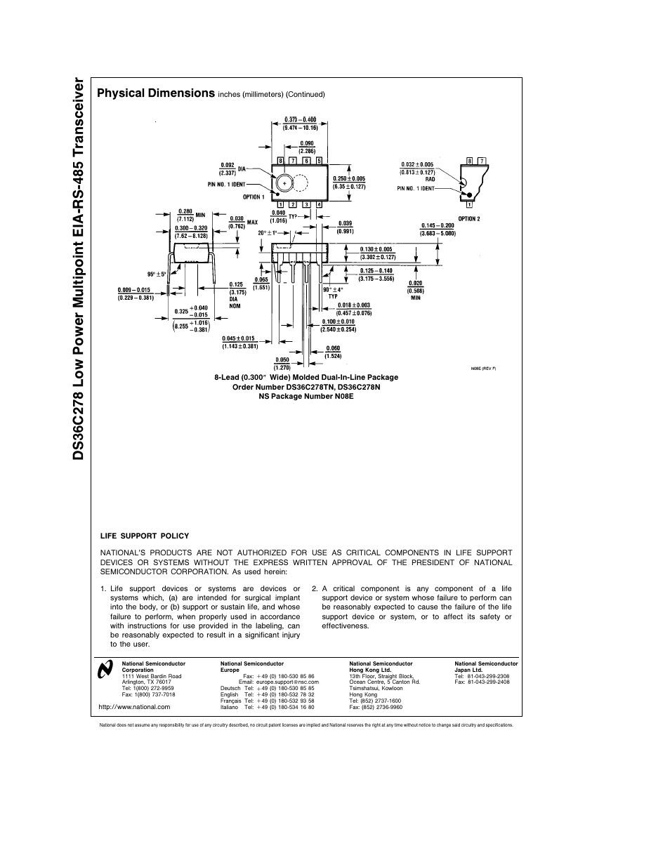 Physical dimensions | National DS36C278 User Manual | Page 10 / 10