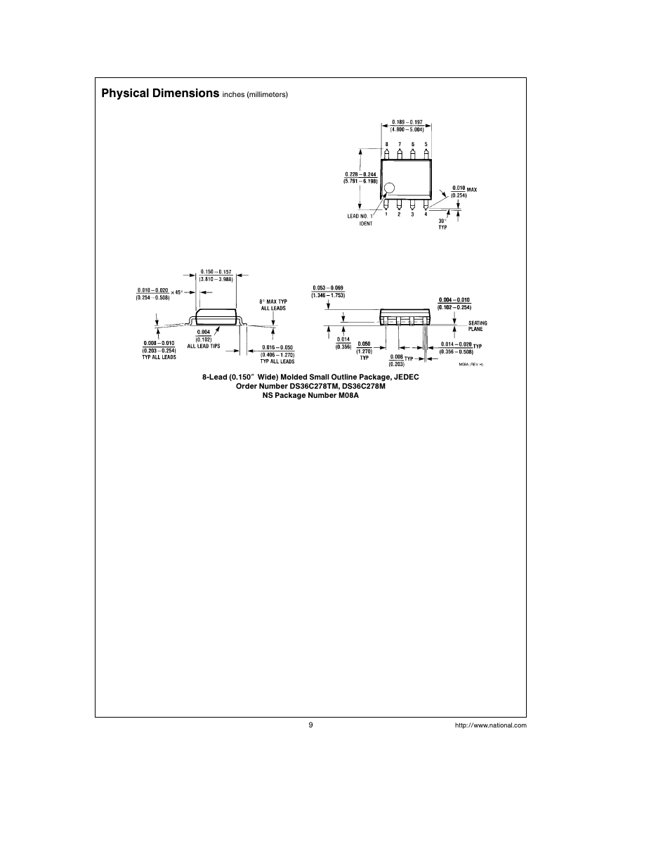 Physical dimensions | National DS36C278 User Manual | Page 9 / 10