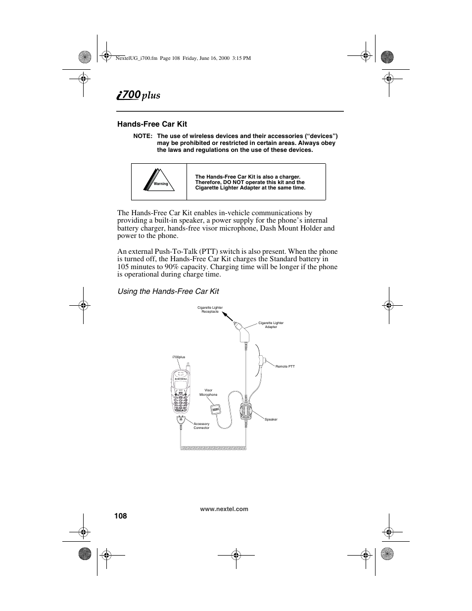 Hands-free car kit | Nextel comm I700PLUS NTN9368-A User Manual | Page 116 / 140