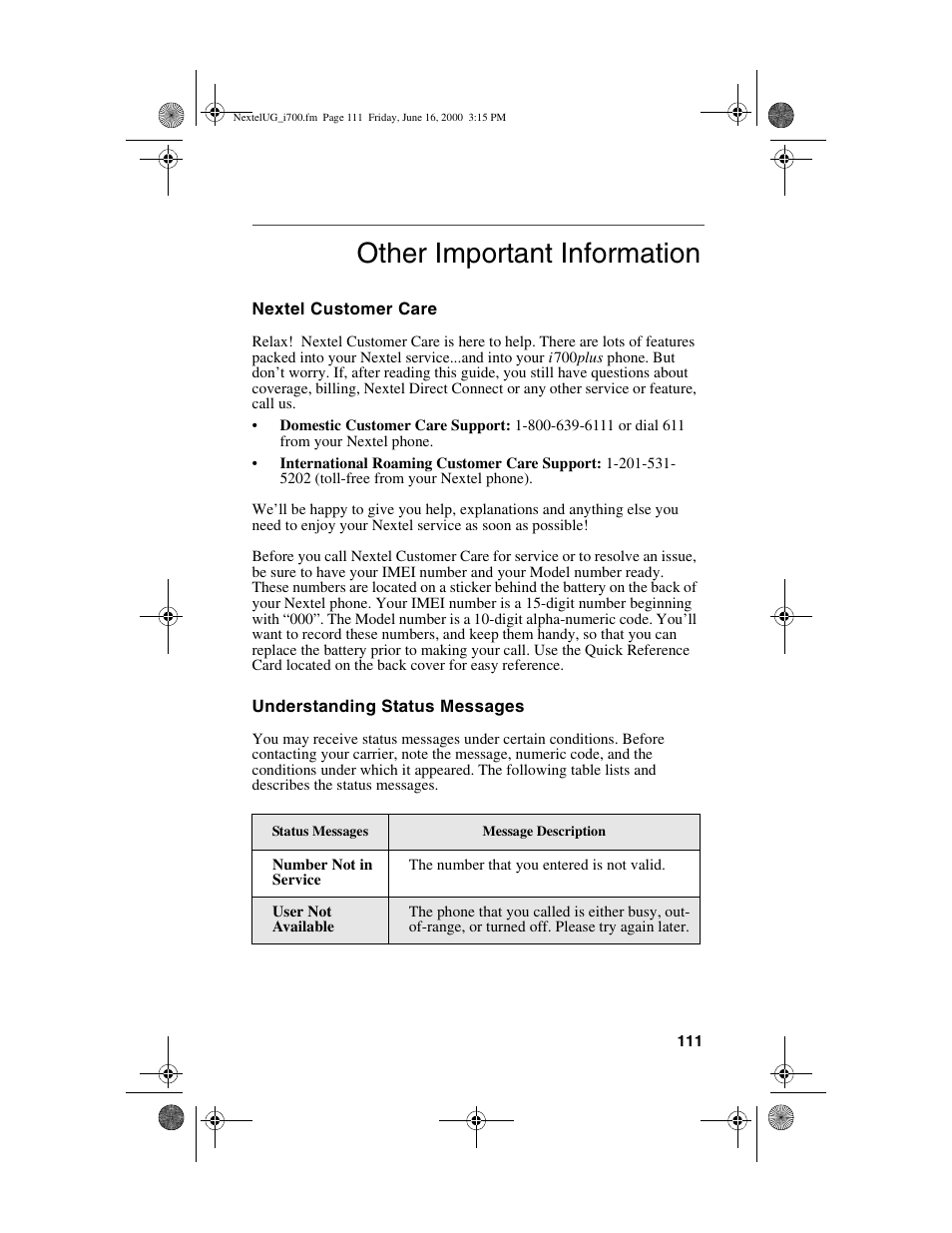 Other important information | Nextel comm I700PLUS NTN9368-A User Manual | Page 119 / 140