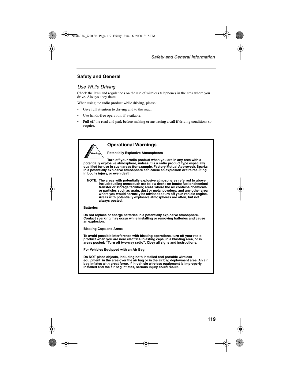 119 safety and general use while driving, Operational warnings | Nextel comm I700PLUS NTN9368-A User Manual | Page 127 / 140