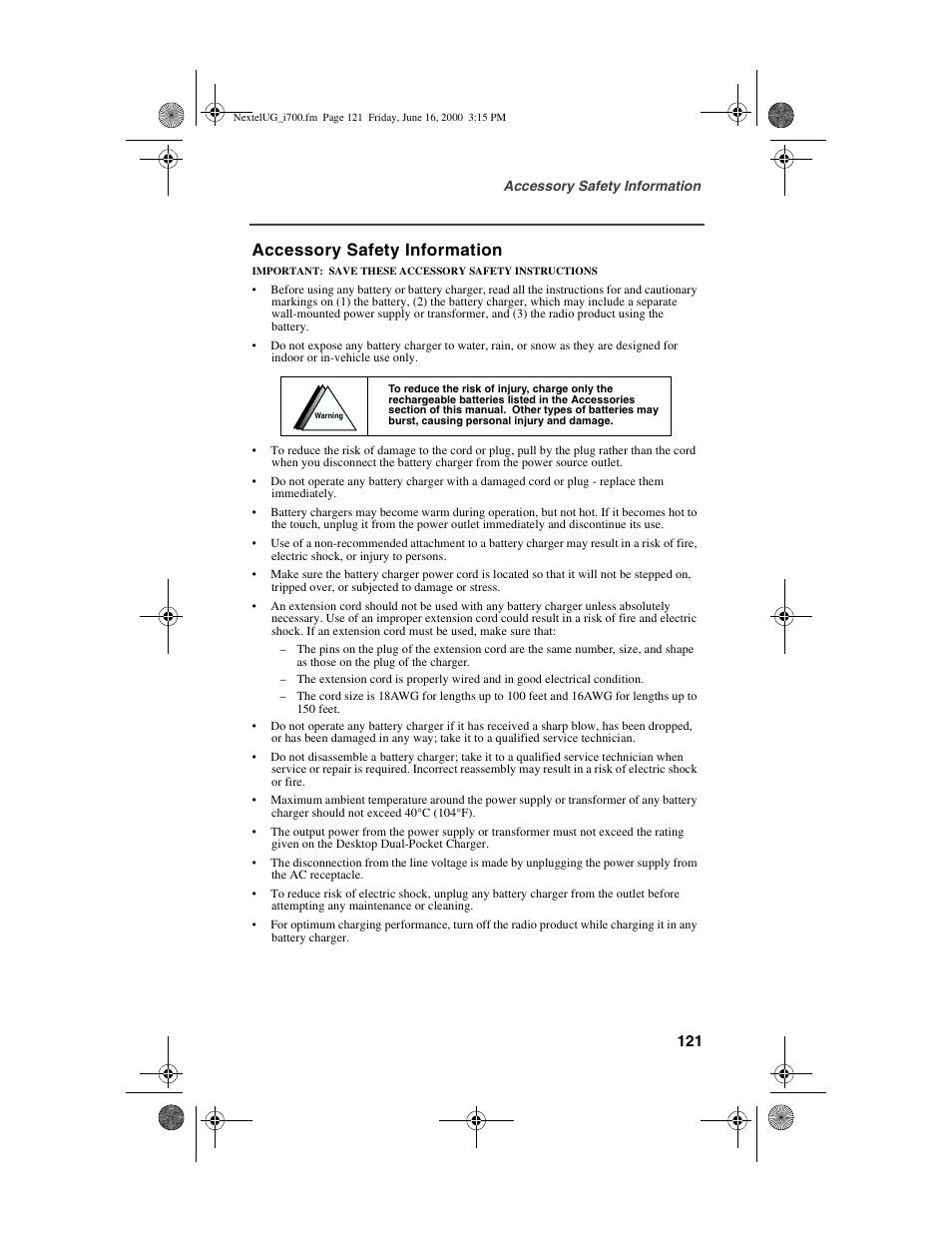 Accessory safety information | Nextel comm I700PLUS NTN9368-A User Manual | Page 129 / 140