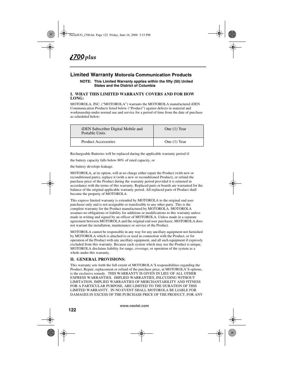Limited warranty | Nextel comm I700PLUS NTN9368-A User Manual | Page 130 / 140