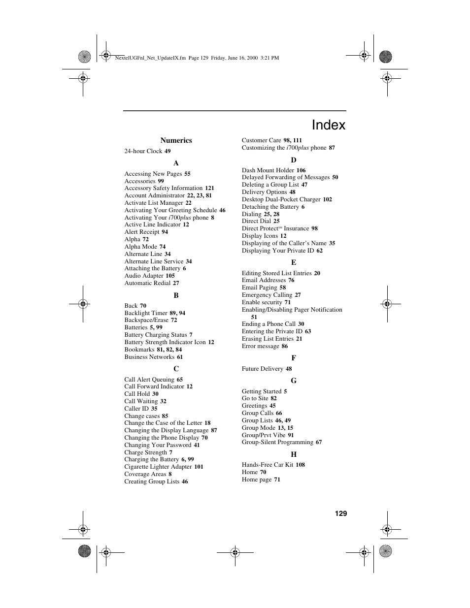 Index | Nextel comm I700PLUS NTN9368-A User Manual | Page 137 / 140