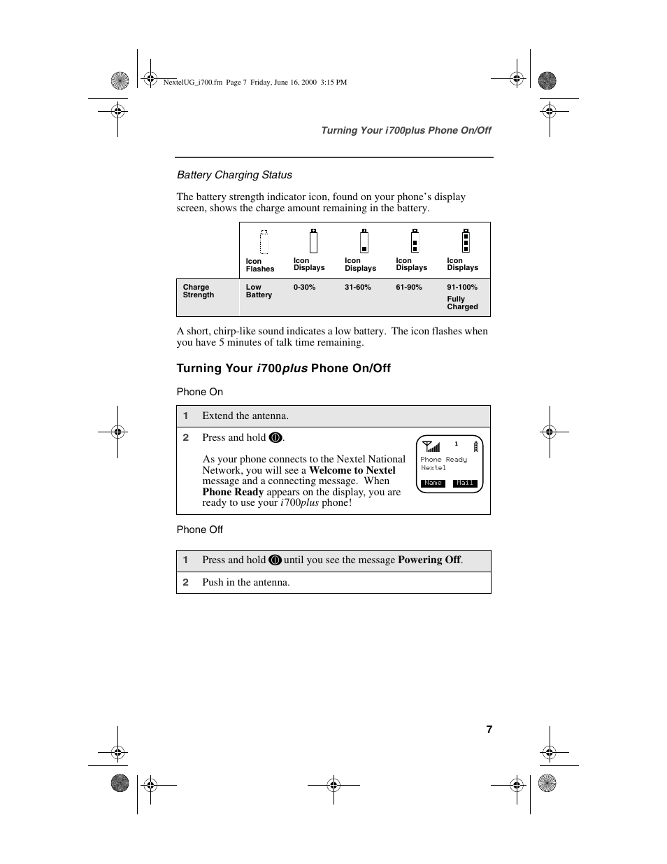 Turning your i 700 plus phone on/off | Nextel comm I700PLUS NTN9368-A User Manual | Page 15 / 140