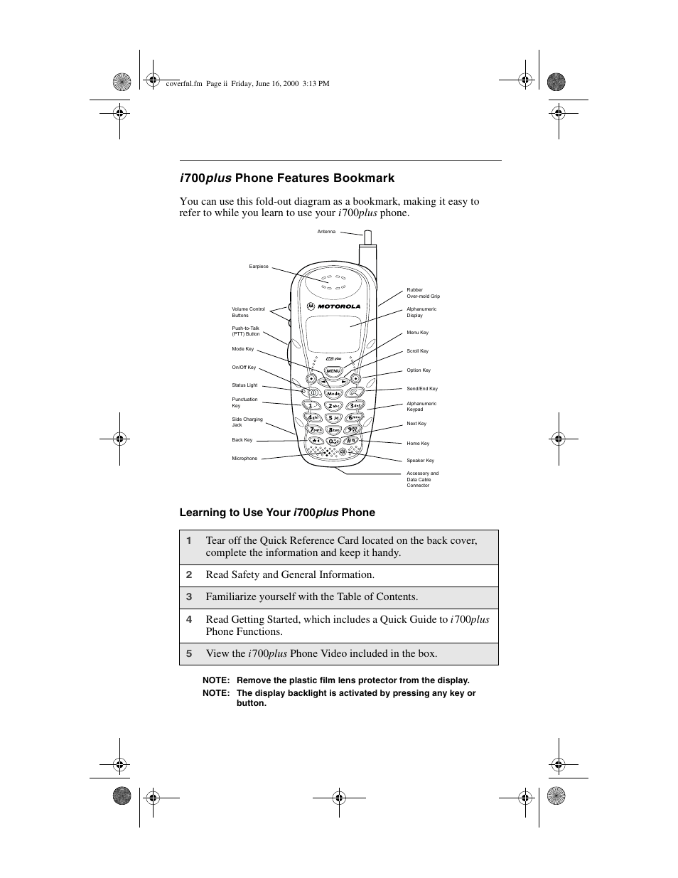 I 700 plus phone features bookmark, Read safety and general information, Familiarize yourself with the table of contents | Nextel comm I700PLUS NTN9368-A User Manual | Page 2 / 140