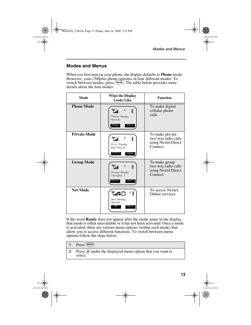 Modes and menus | Nextel comm I700PLUS NTN9368-A User Manual | Page 21 / 140