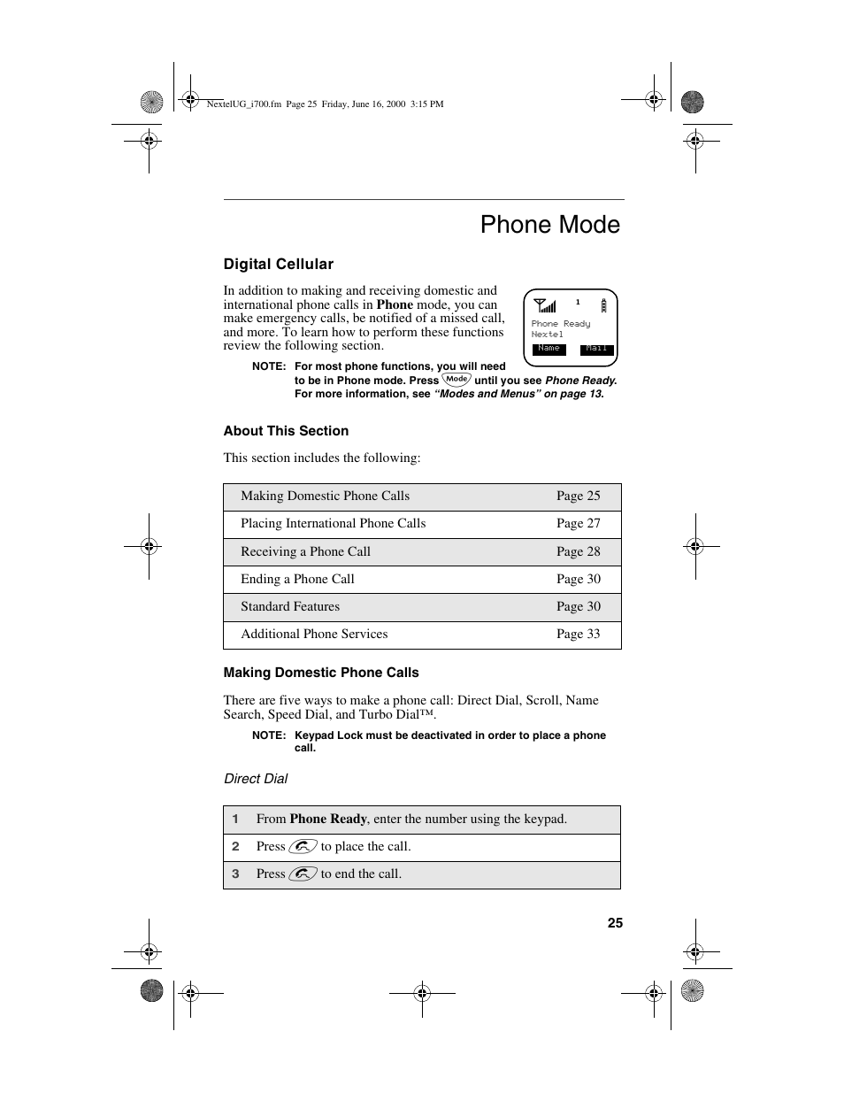 Phone mode | Nextel comm I700PLUS NTN9368-A User Manual | Page 33 / 140