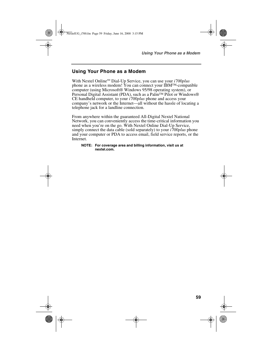 Using your phone as a modem | Nextel comm I700PLUS NTN9368-A User Manual | Page 67 / 140