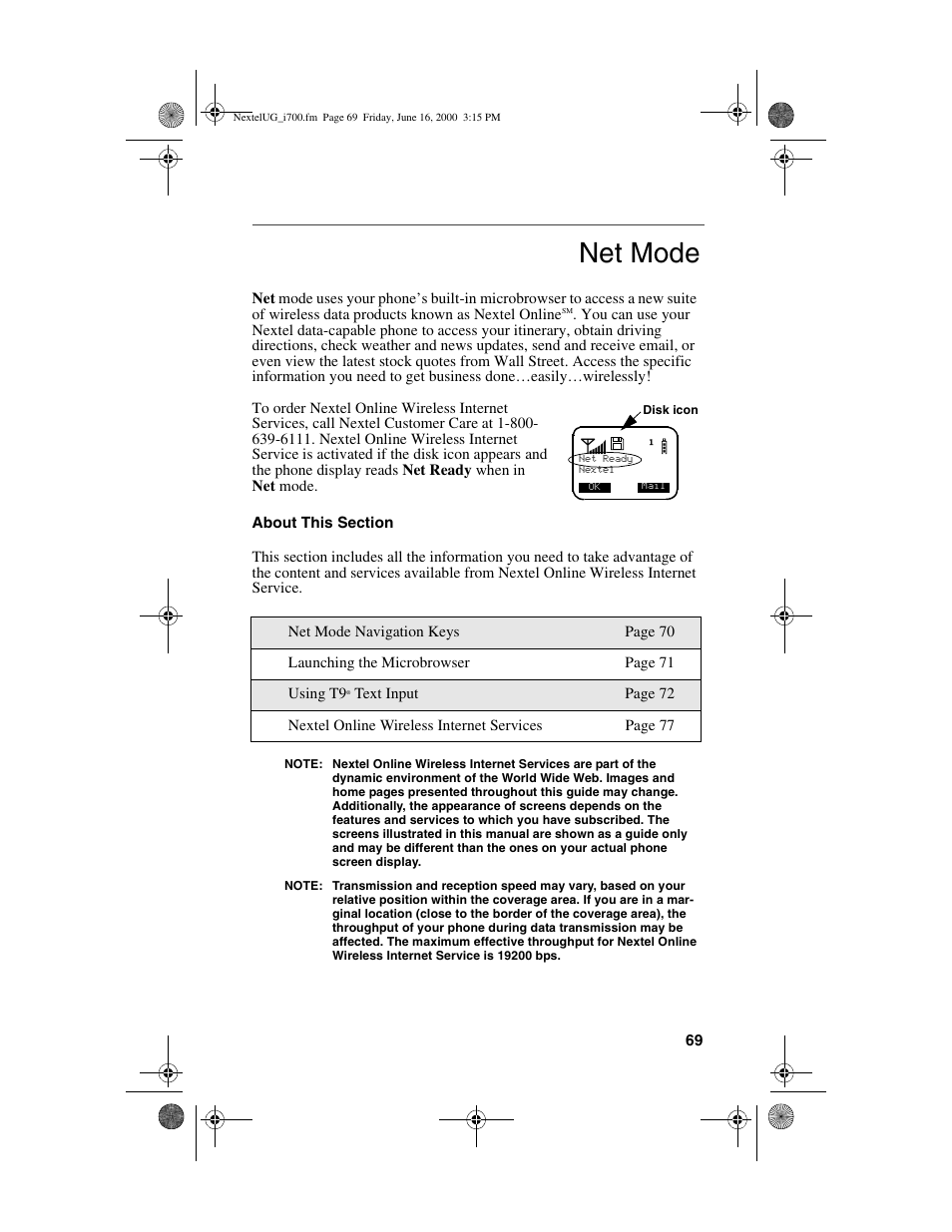 Net mode | Nextel comm I700PLUS NTN9368-A User Manual | Page 77 / 140