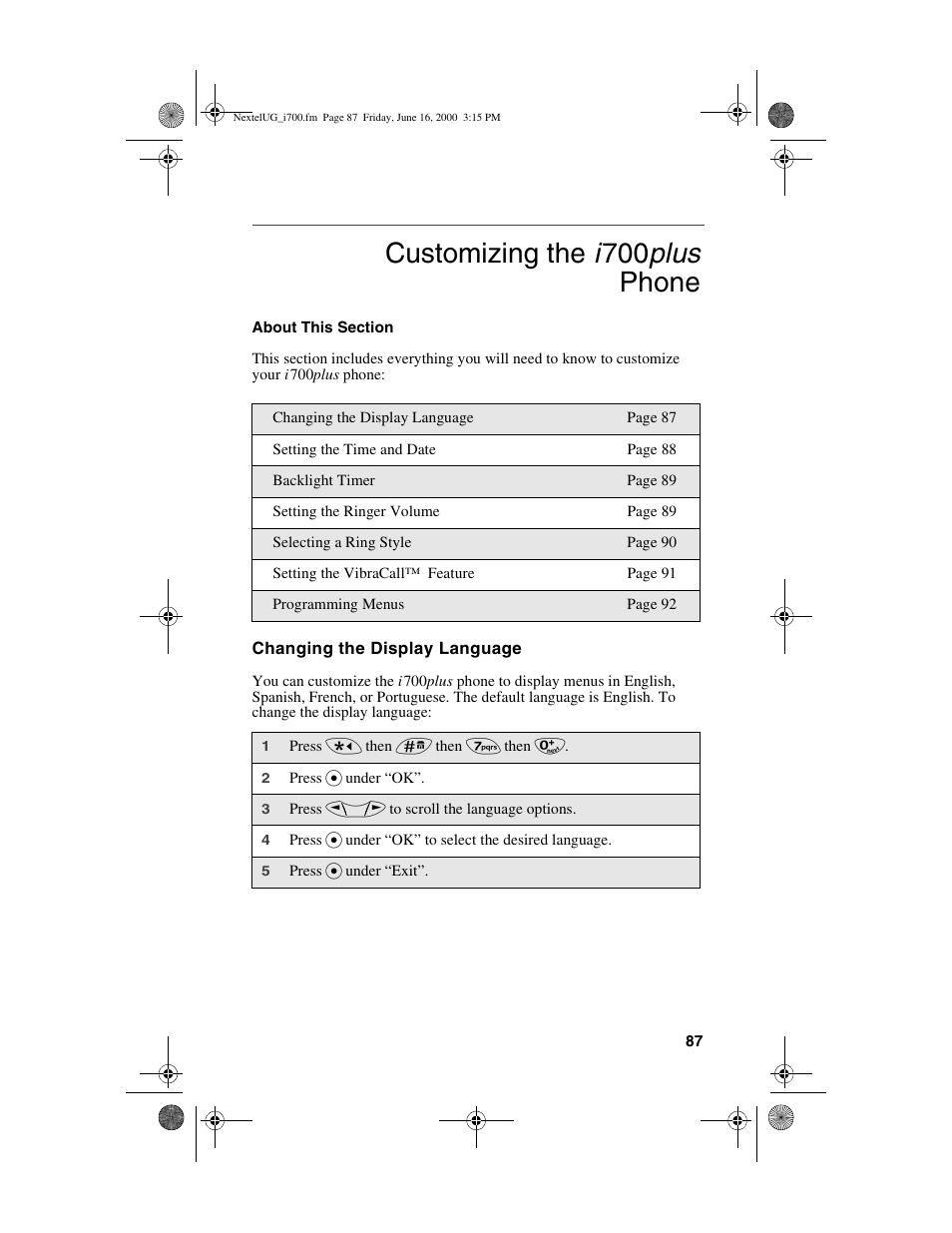 Customizing the i 700 plus phone | Nextel comm I700PLUS NTN9368-A User Manual | Page 95 / 140