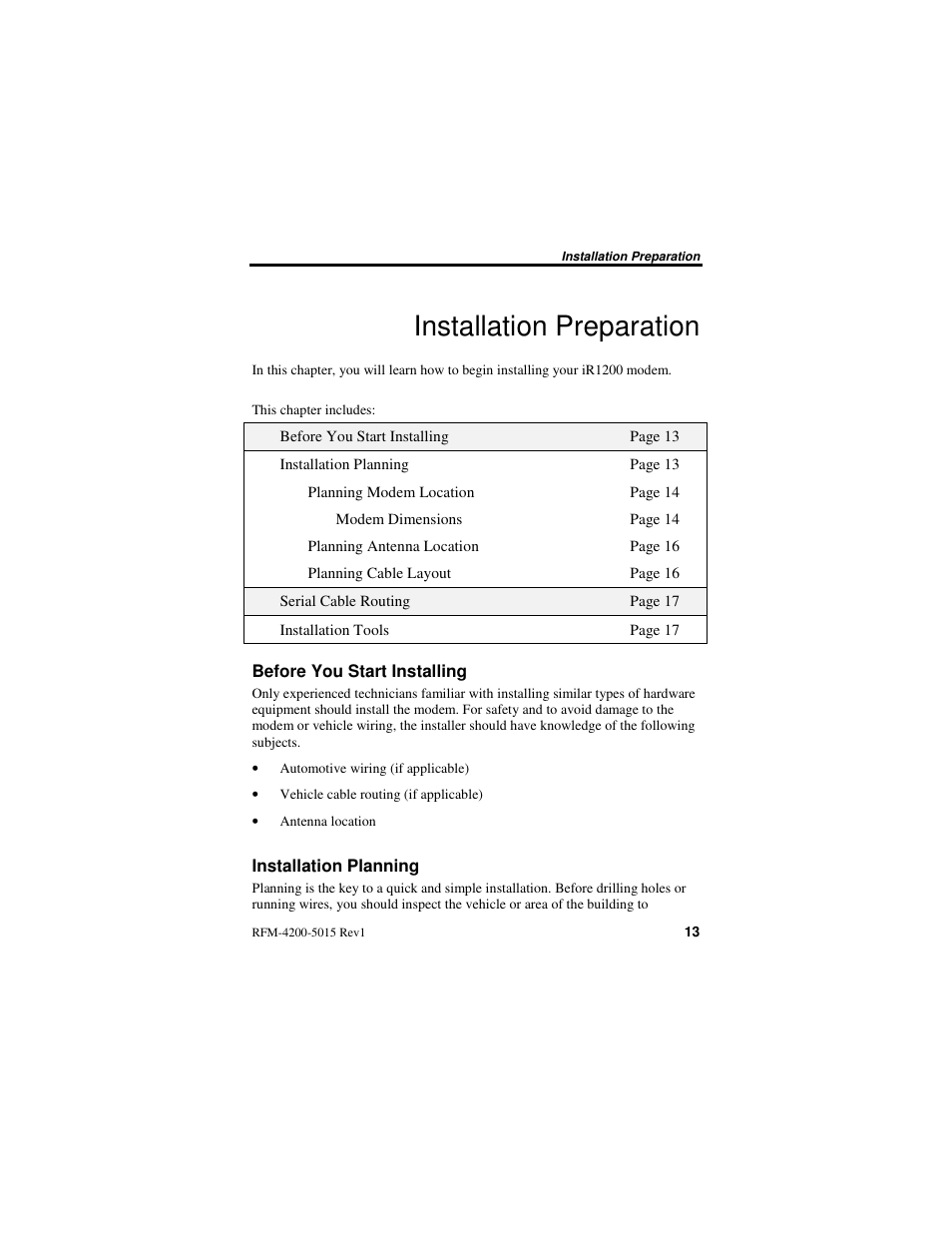 Installation preparation | Nextel comm IR1200 User Manual | Page 21 / 70