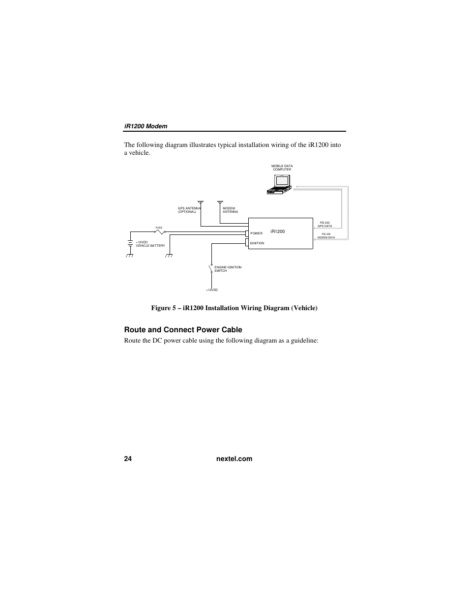 Route and connect power cable, Ir1200 modem | Nextel comm IR1200 User Manual | Page 32 / 70
