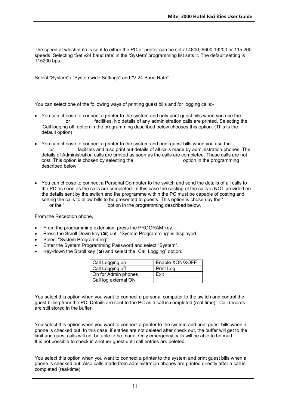 Setting the data speed, Call logging - printing guest phone bills, Etting the data speed | Ogging, Rinting guest phone bills | Nextel comm 3000 User Manual | Page 13 / 24