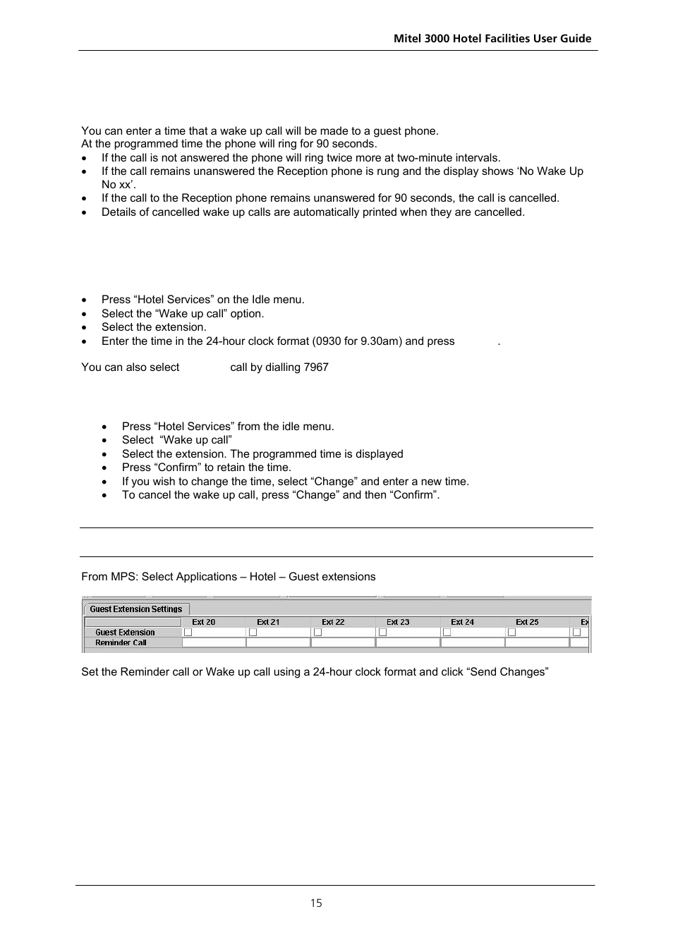 Wake up call, Setting a wake up call for a guest, Reviewing a wake up call | Nextel comm 3000 User Manual | Page 17 / 24