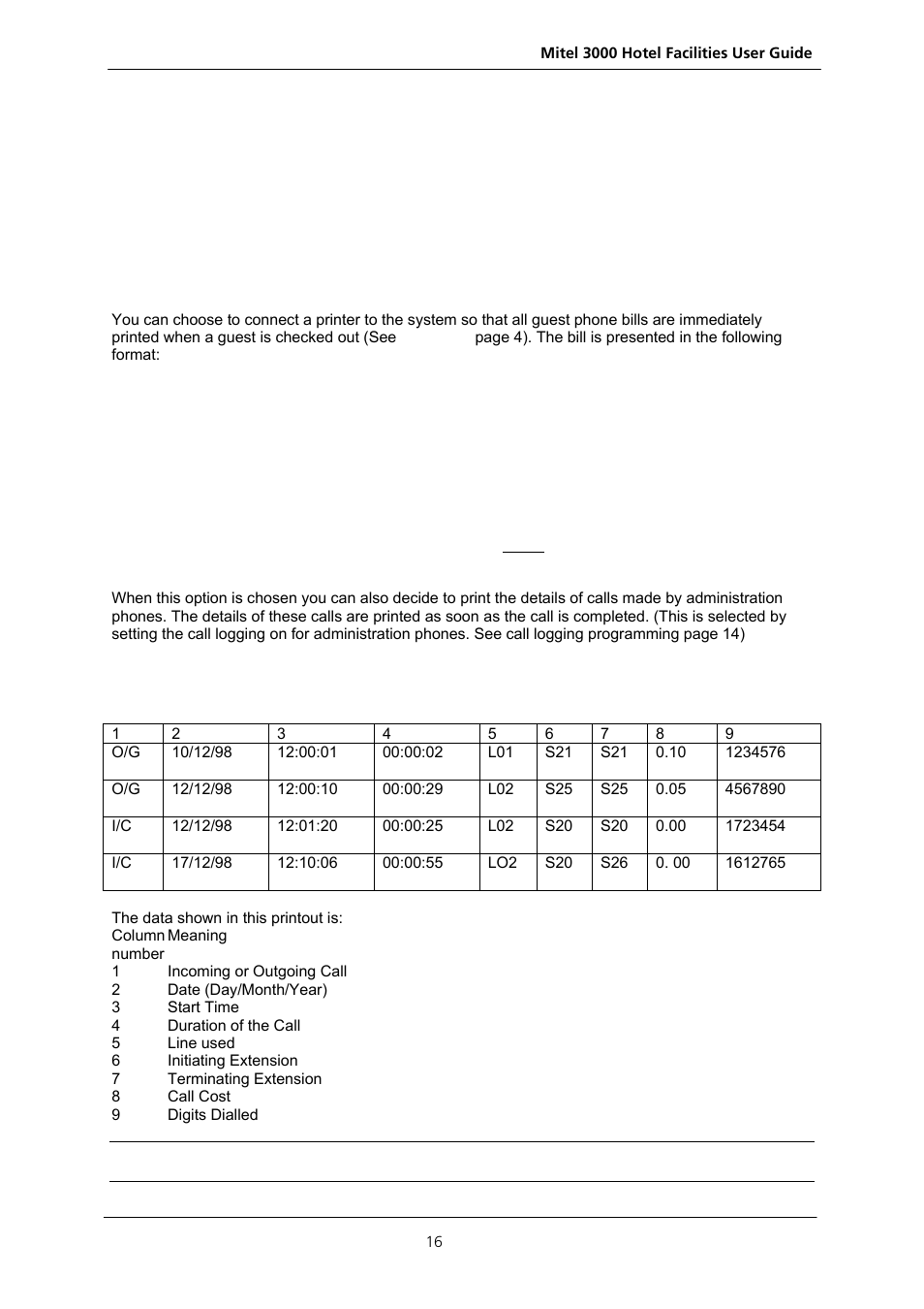 Billing guests and logging administration calls, Option 1 - call billing, The format of these records is | Nextel comm 3000 User Manual | Page 18 / 24
