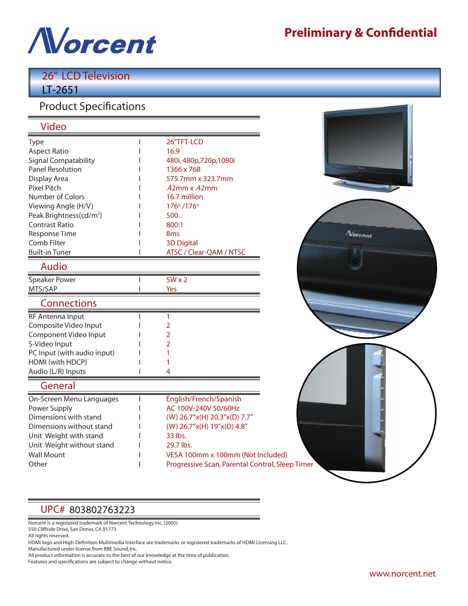 Preliminary & conﬁ dential, 26” lcd television, Product speciﬁ cations | Video, Audio connections general upc | Norcent Technologies LT-2651 User Manual | Page 2 / 2