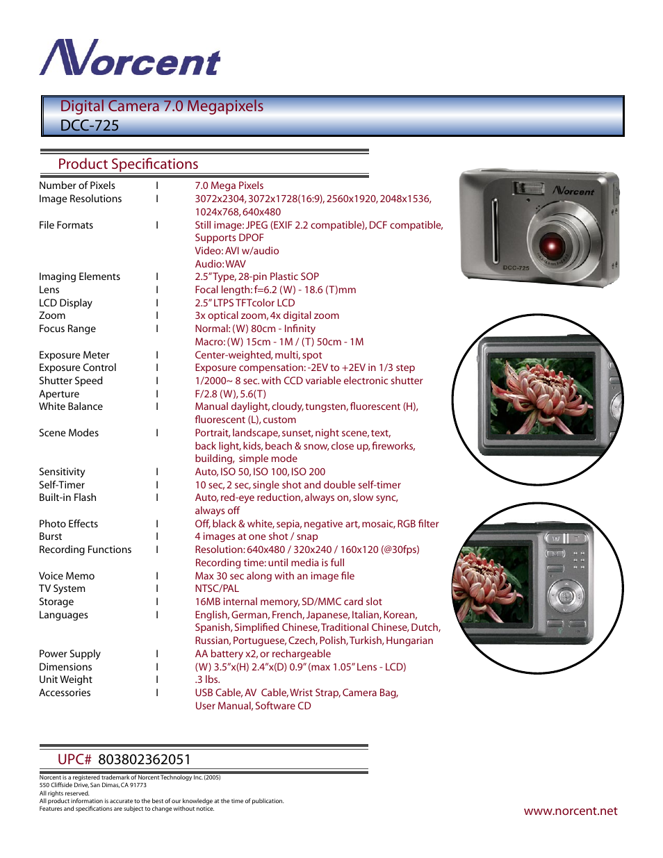 Product speciﬁcations | Norcent Technologies DCC-725 User Manual | Page 2 / 2