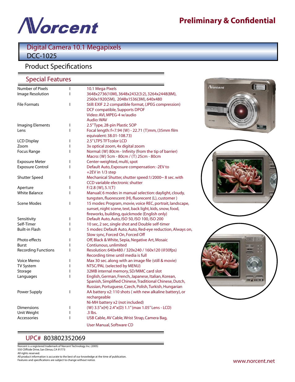 Preliminary & conﬁdential, Product speciﬁcations, Special features | Norcent Technologies DCC-1025 User Manual | Page 2 / 2
