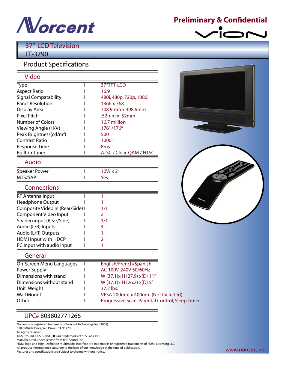 Preliminary & conﬁdential, Product speciﬁcations, Video | Norcent Technologies VION LT-3790 User Manual | Page 2 / 2