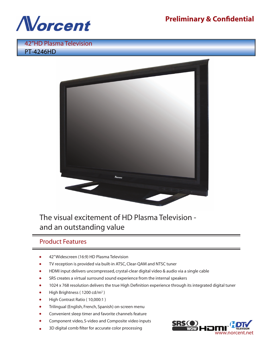 Norcent Technologies PT-4246HD User Manual | 2 pages