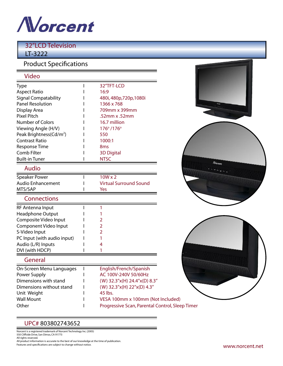 Product speciﬁcations, Video, Audio connections general | Norcent Technologies LT-3222 User Manual | Page 2 / 2